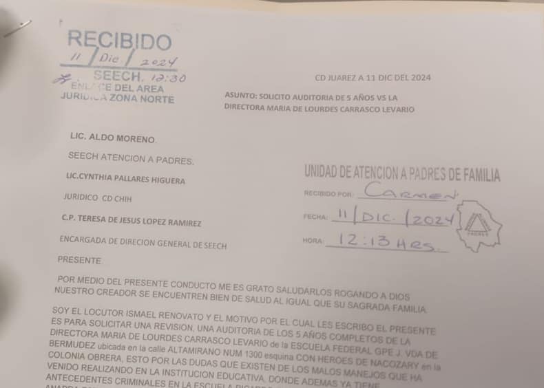 Solicitan ante SEECH realizar auditoría y remover a la directora de la Primaria Guadalupe J. Viuda de Bermúdez de Ciudad Juárez